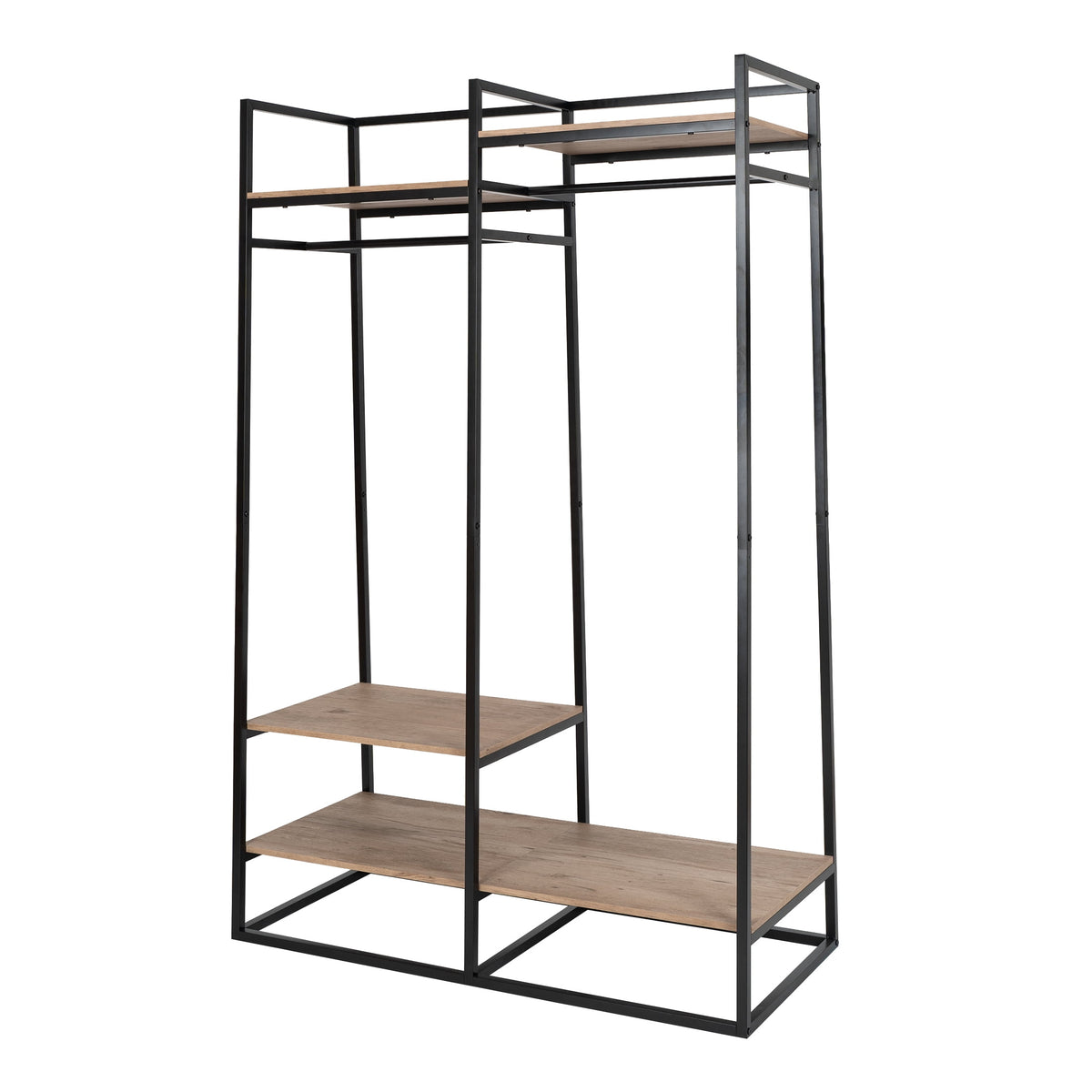 AVERO™ Jace Freestanding Metal 2-Rod Garment Clothes Rack with 4 Wooden Shelves, Black - AVERO™