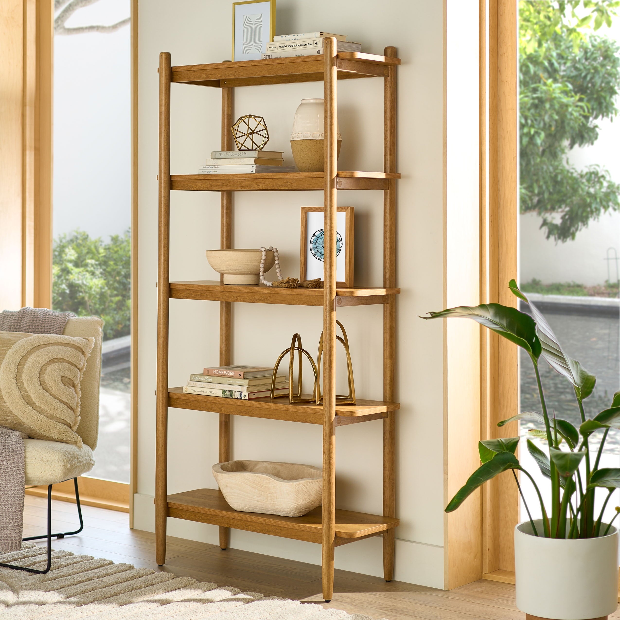 AVERO™ Springwood 5 Shelf Bookcase with Solid Wood Frame, Light Honey Finish - AVERO™