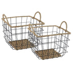 AVERO™ 2-Pack Square Wire Storage Baskets with Woven Trim, Black Metal, 10"L x 10"W x 10"H Decorative Bin for Pantry, Closet, Bathroom, or Office Organization - AVERO™