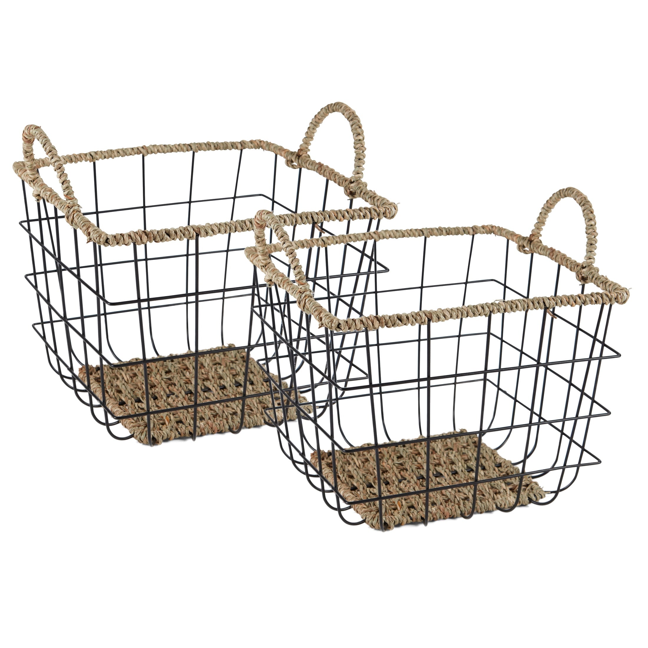 AVERO™ 2-Pack Square Wire Storage Baskets with Woven Trim, Black Metal, 10"L x 10"W x 10"H Decorative Bin for Pantry, Closet, Bathroom, or Office Organization - AVERO™