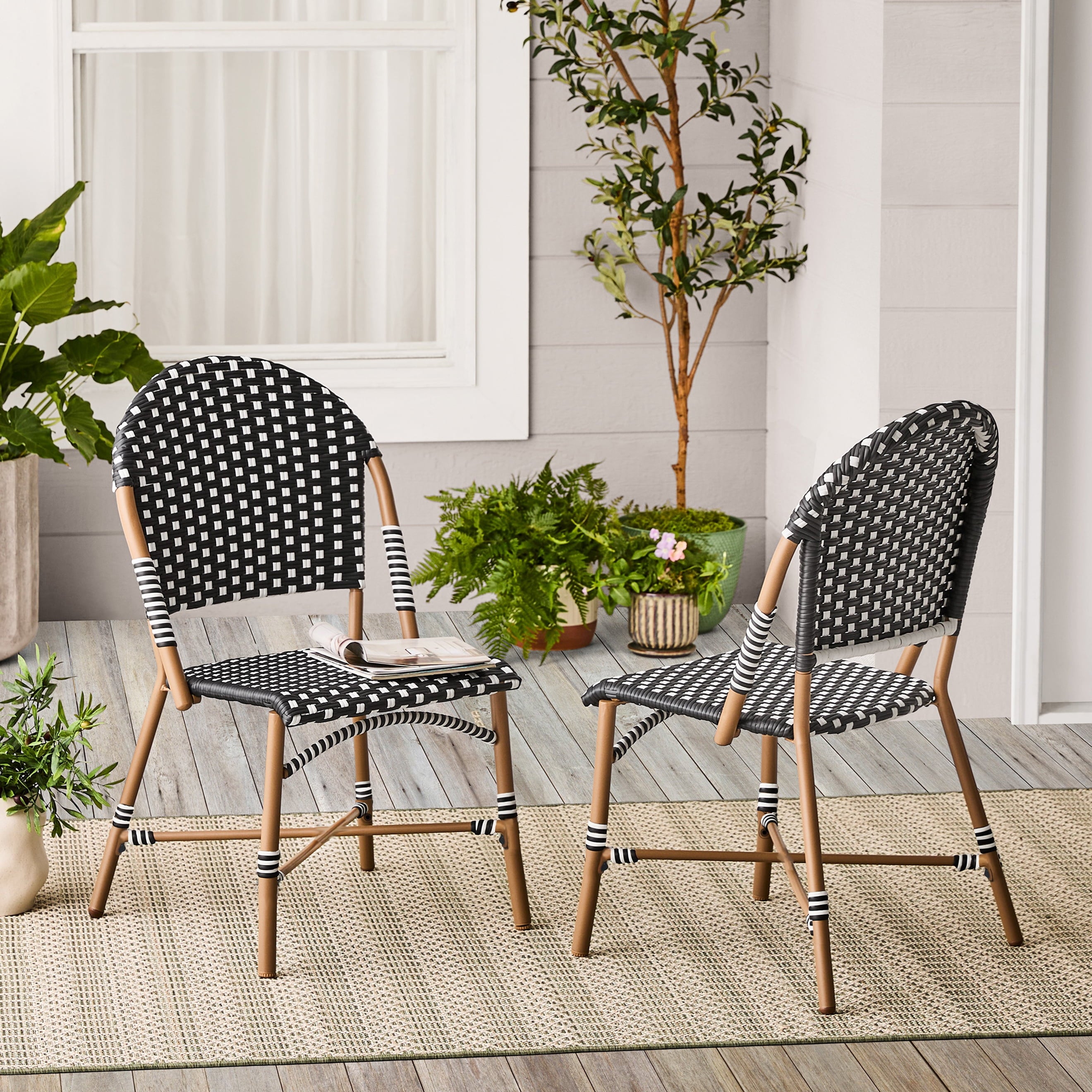 AVERO™ Lilah 2-Piece Wicker Outdoor Parisian Bistro Chairs, Black & White - AVERO™