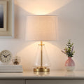 AVERO™ 18 in Clear Glass Table Lamp with Brass Metal Base and Beige Shade - AVERO™