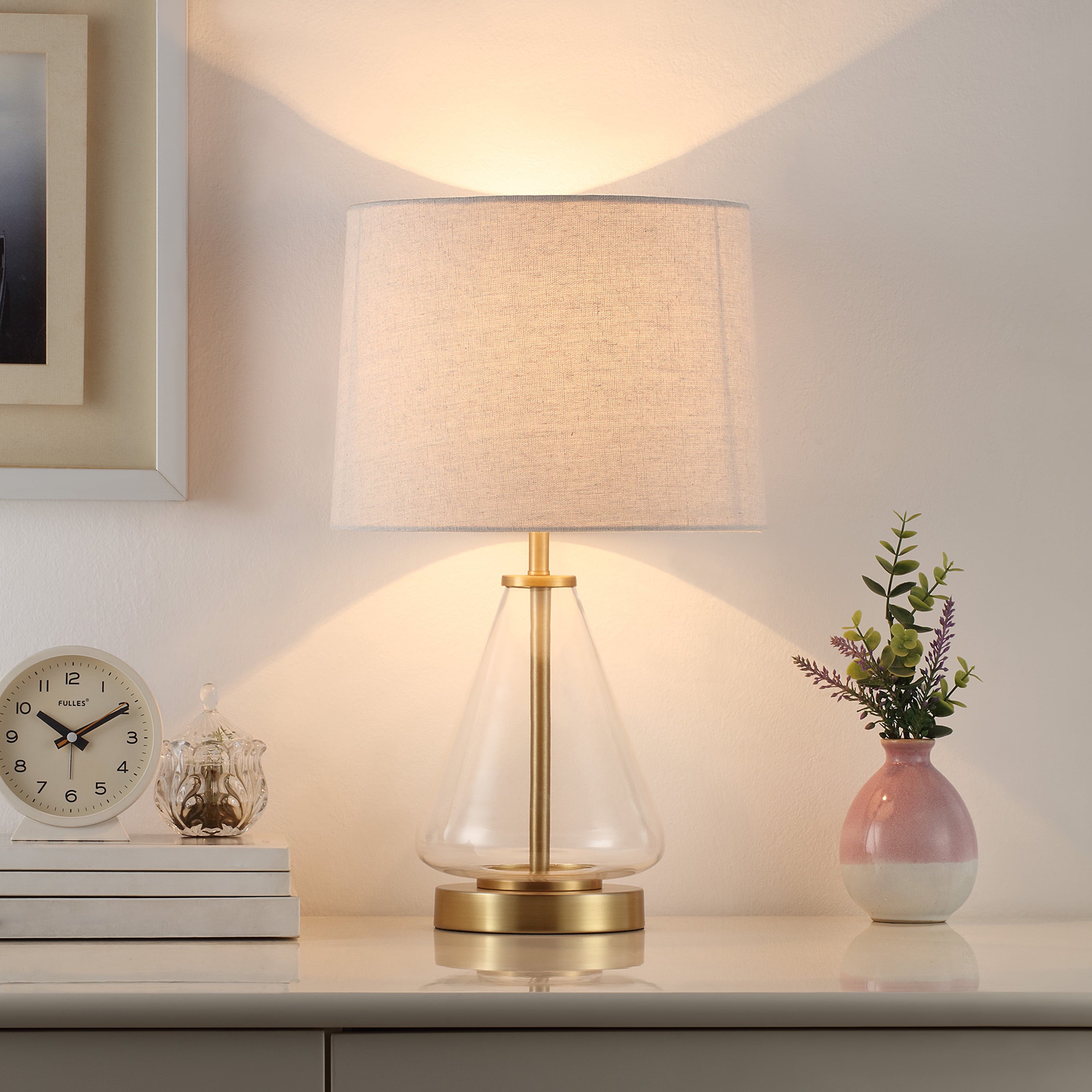 AVERO™ 18 in Clear Glass Table Lamp with Brass Metal Base and Beige Shade - AVERO™