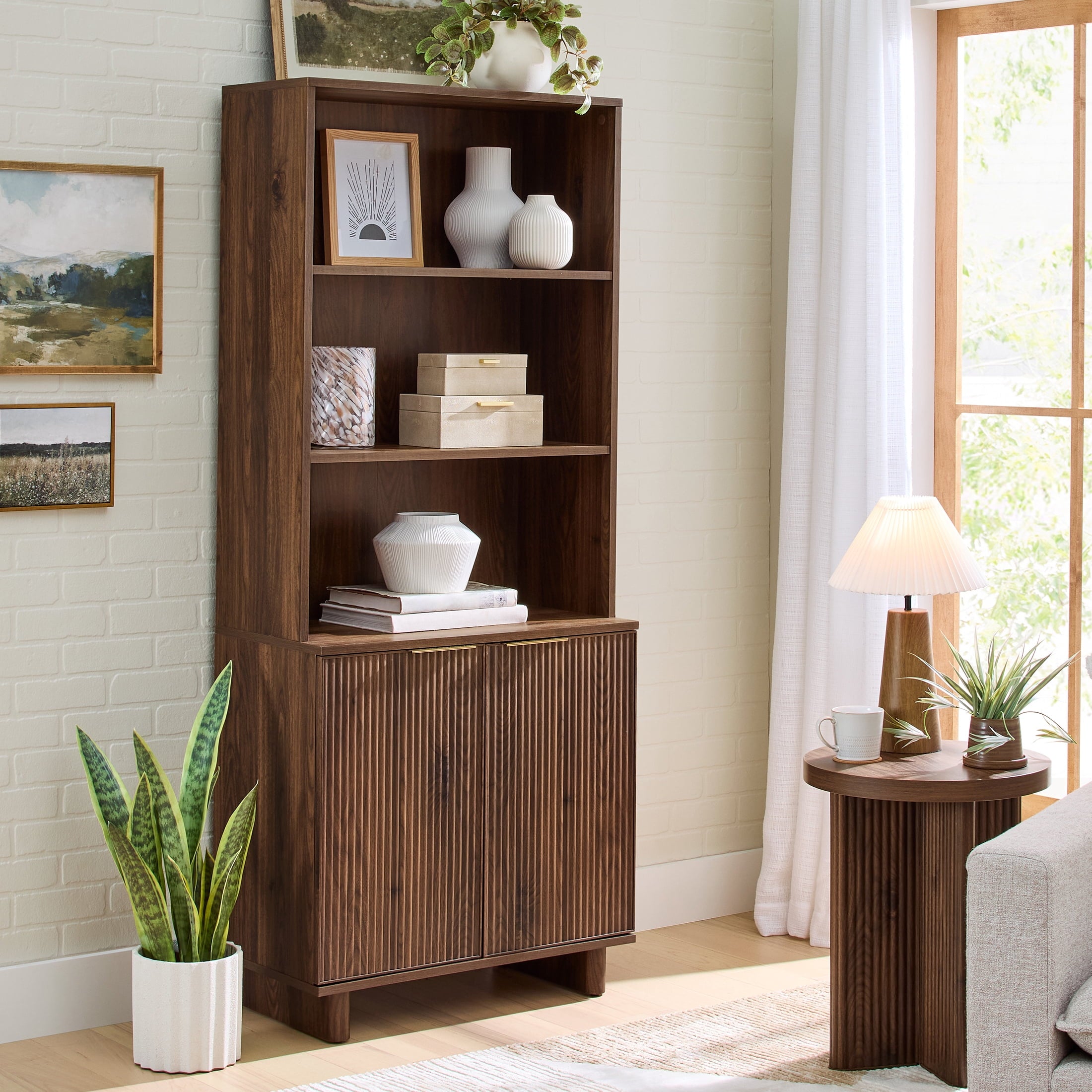AVERO™ Lillian Fluted Bookcase with Doors and Storage, Walnut Finish - AVERO™