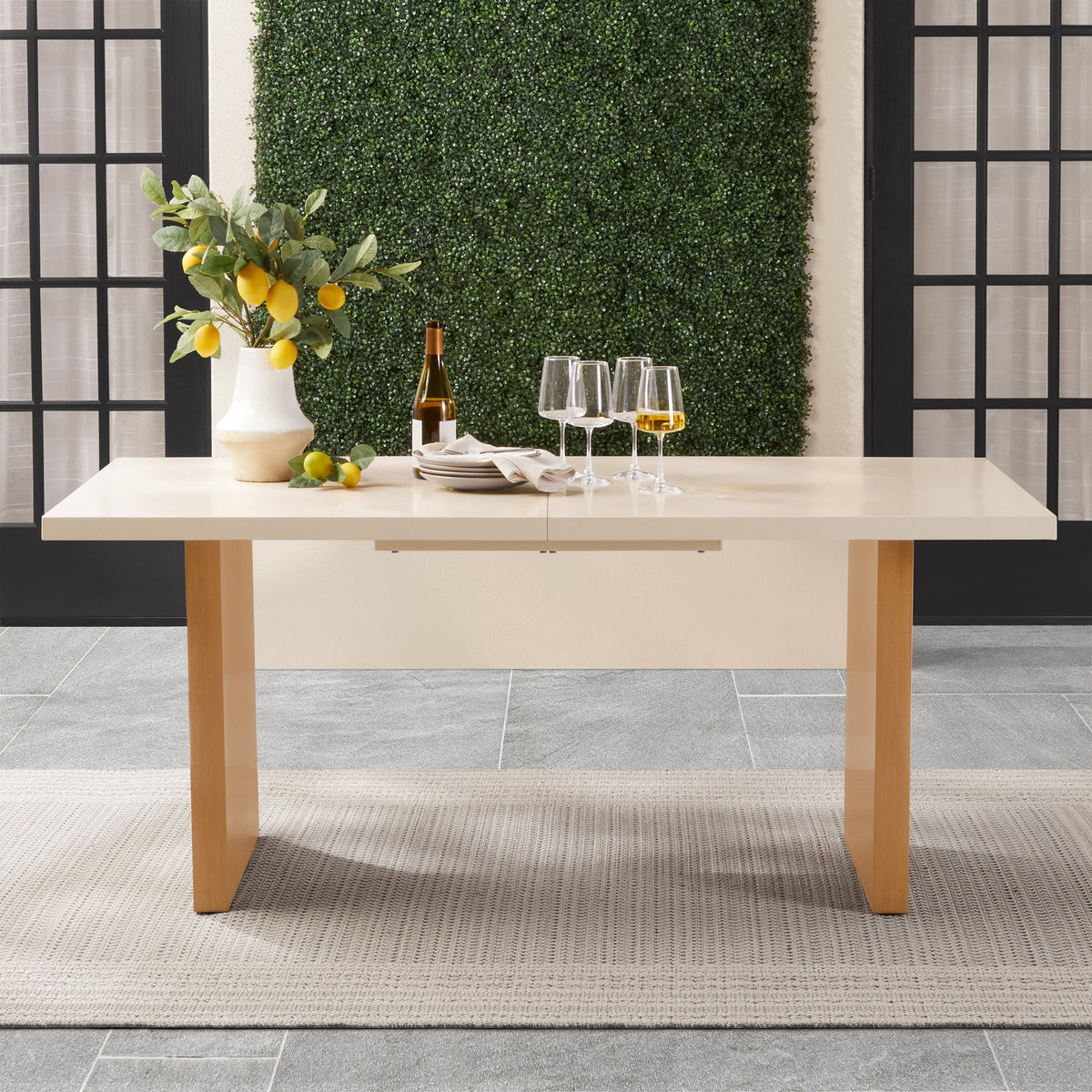 AVERO™ Vista Steel Metal Top Outdoor Dining Table, Cream Stone Metal Top with Teak Legs - AVERO™