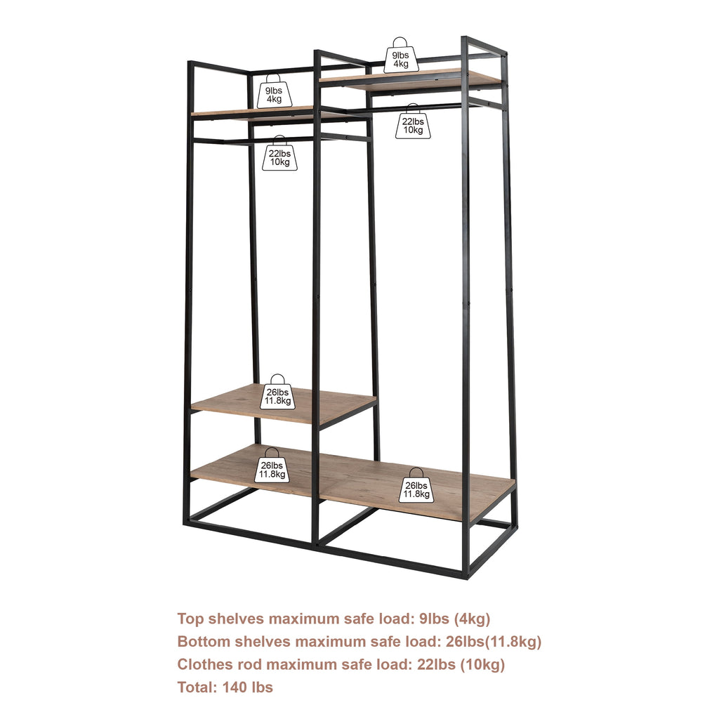 AVERO™ Jace Freestanding Metal 2-Rod Garment Clothes Rack with 4 Wooden Shelves, Black - AVERO™