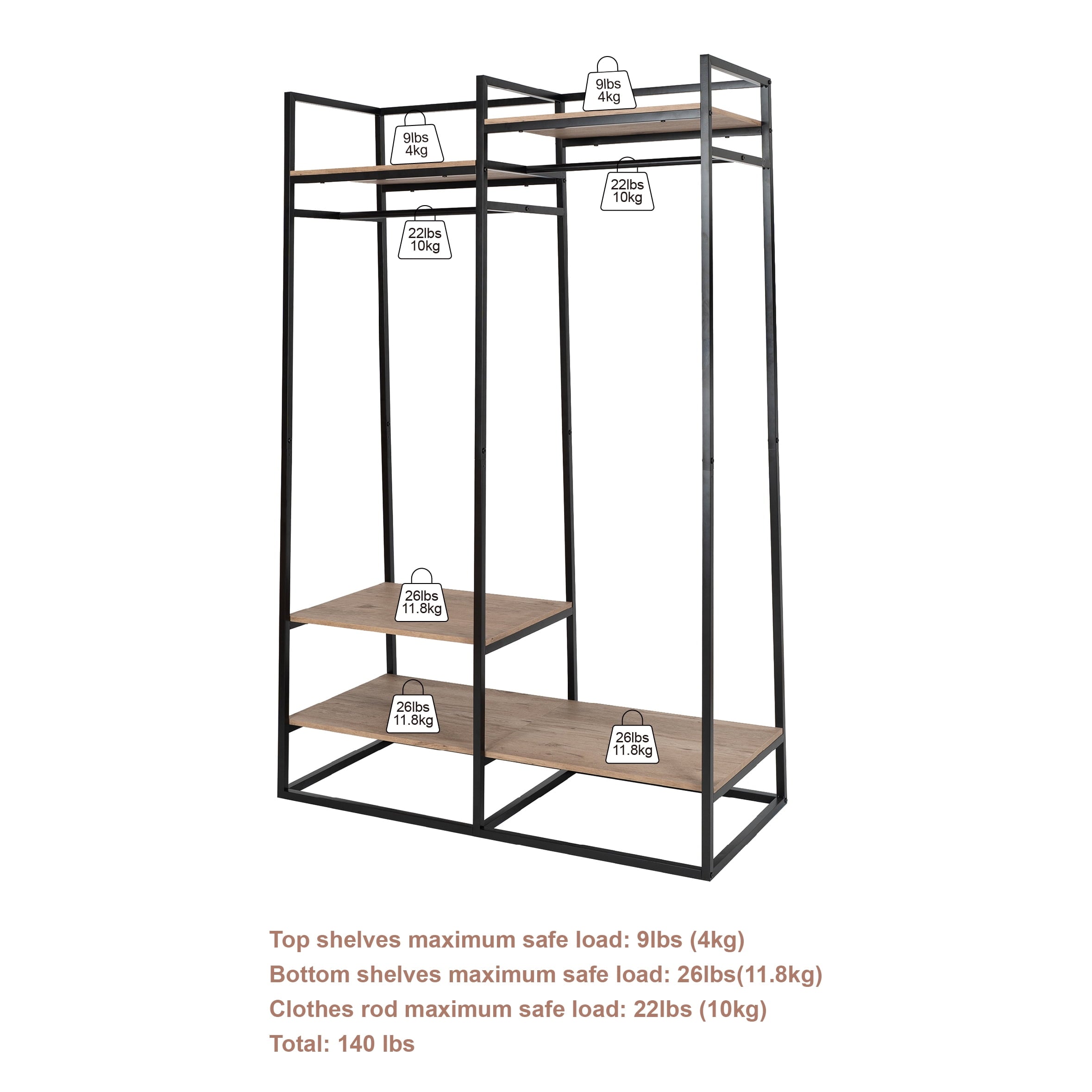 AVERO™ Jace Freestanding Metal 2-Rod Garment Clothes Rack with 4 Wooden Shelves, Black - AVERO™
