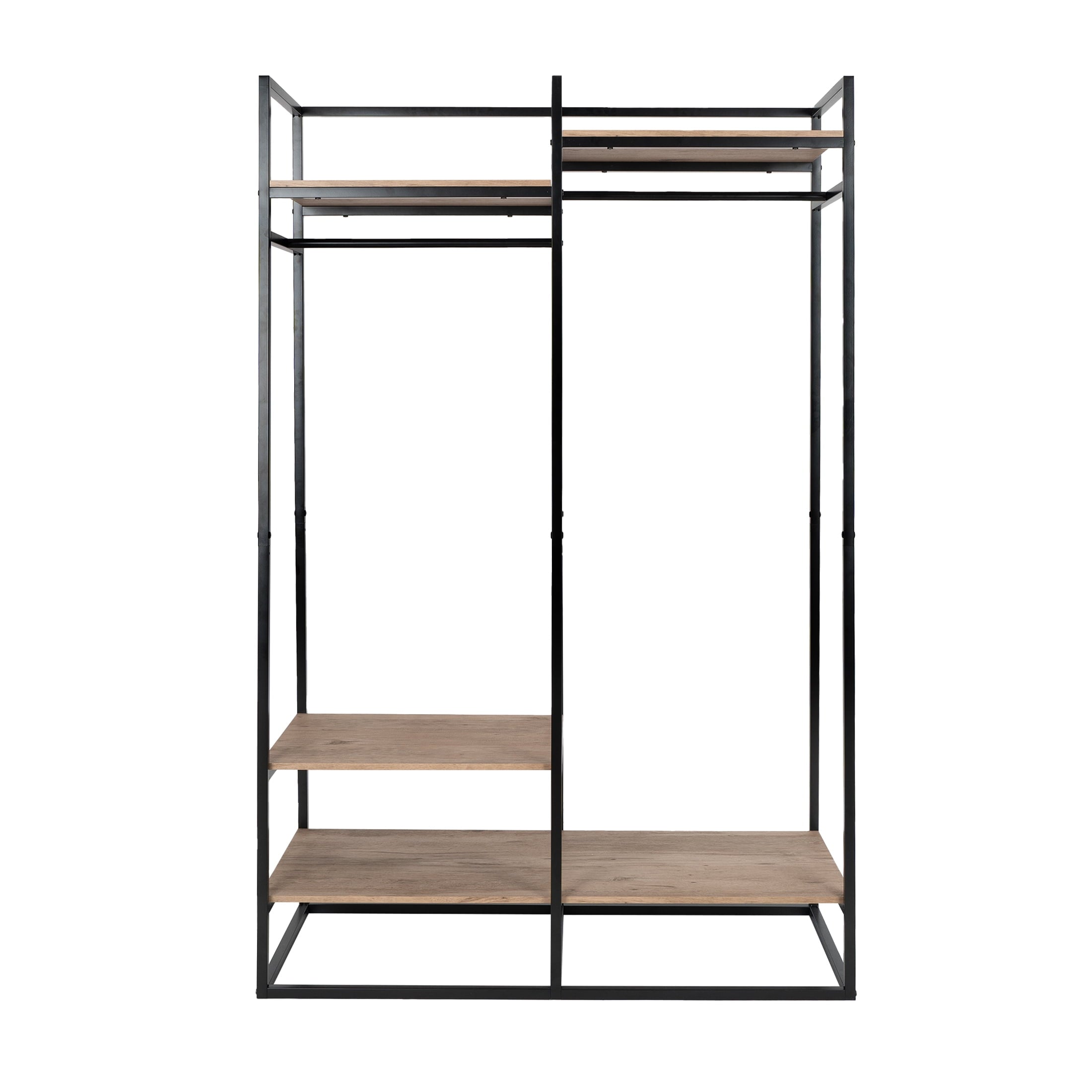 AVERO™ Jace Freestanding Metal 2-Rod Garment Clothes Rack with 4 Wooden Shelves, Black - AVERO™