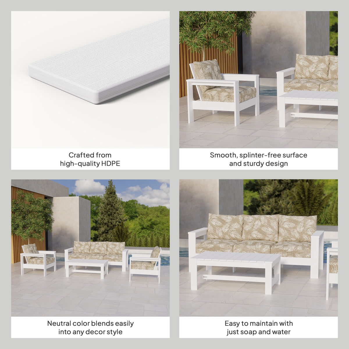 AVERO™ Ezra 4-Piece Outdoor HDPE Conversation Set, White with Neutral Palm Cushions - AVERO™