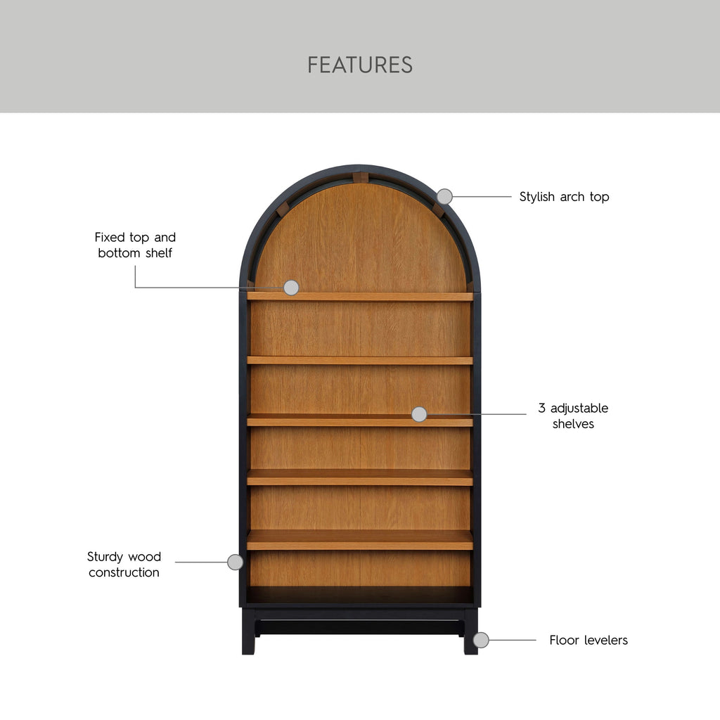 AVERO™ Juliet Open Arch Bookcase, Rich Black and Light Honey - AVERO™