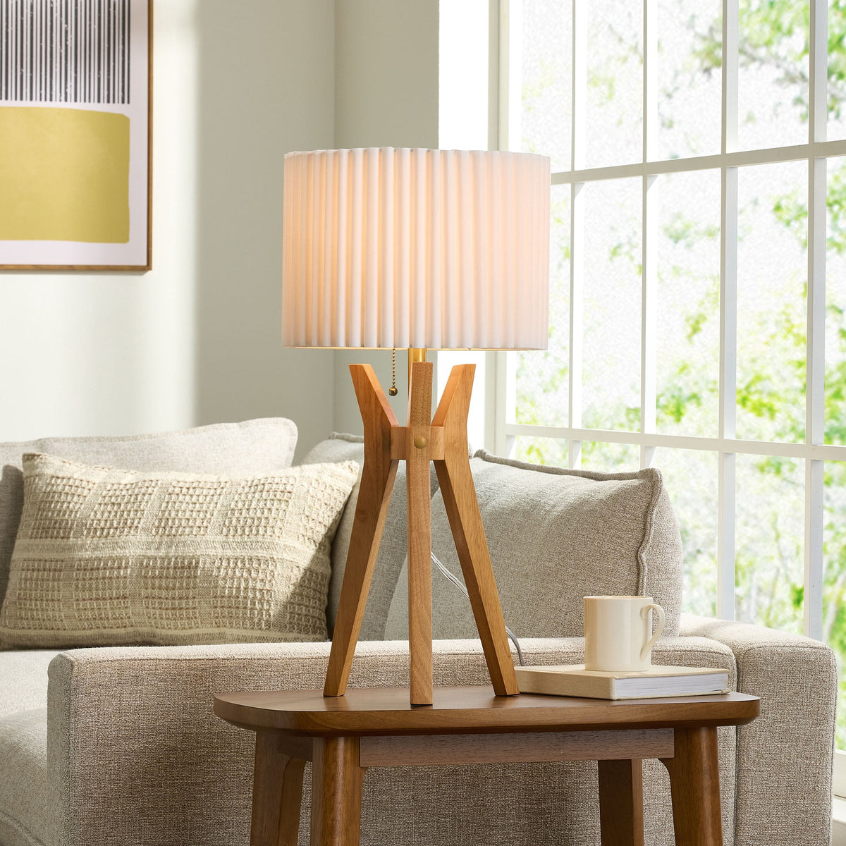 AVERO™ 24 in Tripod Table Lamp with Natural Wood Base and Pleated Shade - AVERO™