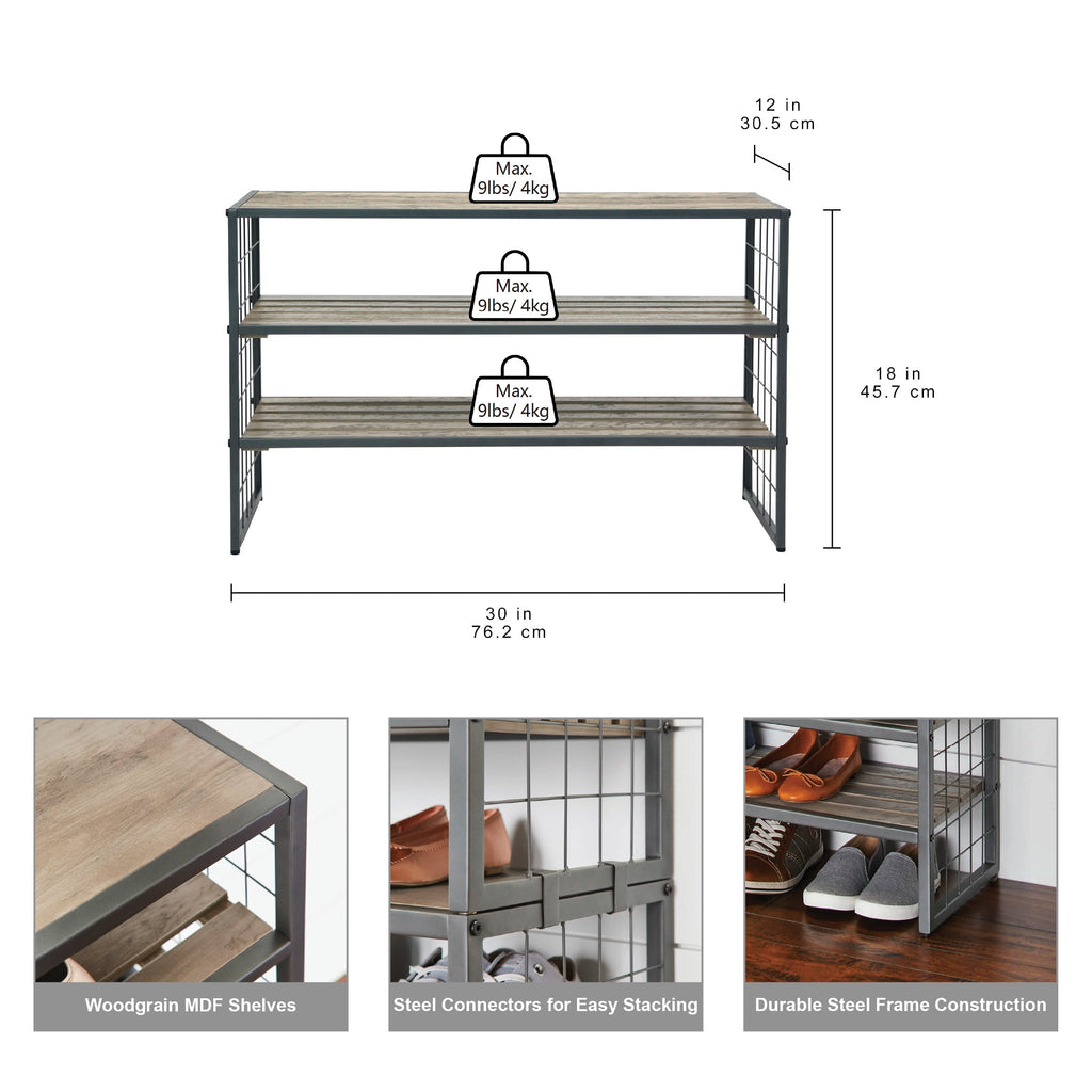 AVERO™ Farmhouse 3 Tier Shoe Rack, Gray, 30in W x 12in D x 18in H - AVERO™