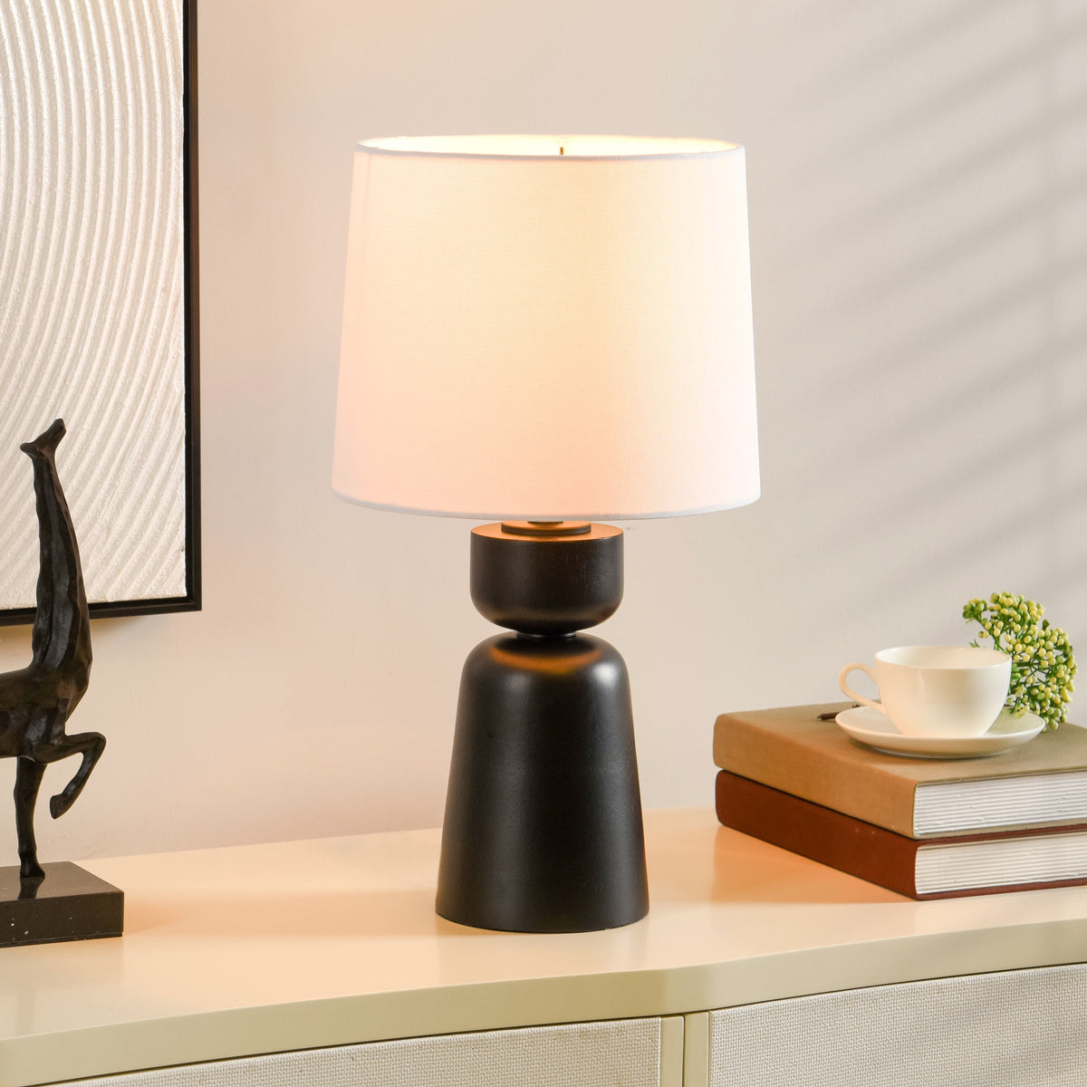 AVERO™ Wood Totem Table Lamp with White Linen Shade, 10"L x 10"W x 18"H - AVERO™