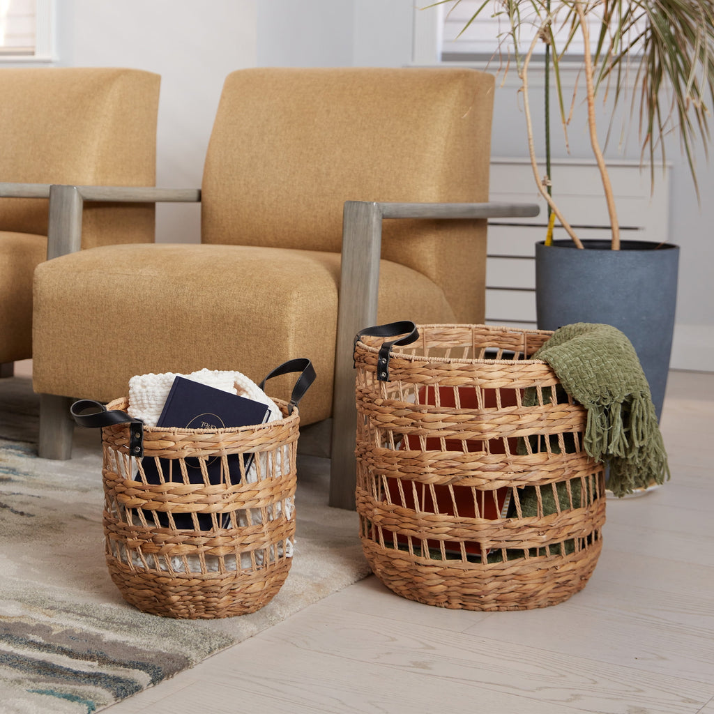 AVERO™ 2-Pack Round Decorative Storage Baskets with Faux Leather Handles, Natural, 14.5 in x 16.5 in - AVERO™