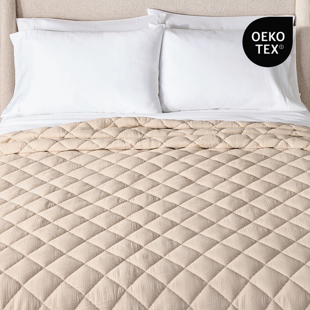 AVERO™ Papyrus Beige Diamond Cotton Gauze Quilt, King - Breathable Cotton Bedding - AVERO™