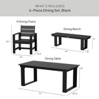 AVERO™ Ezra 6-Piece Outdoor HDPE Dining Set with Bench, Black - AVERO™