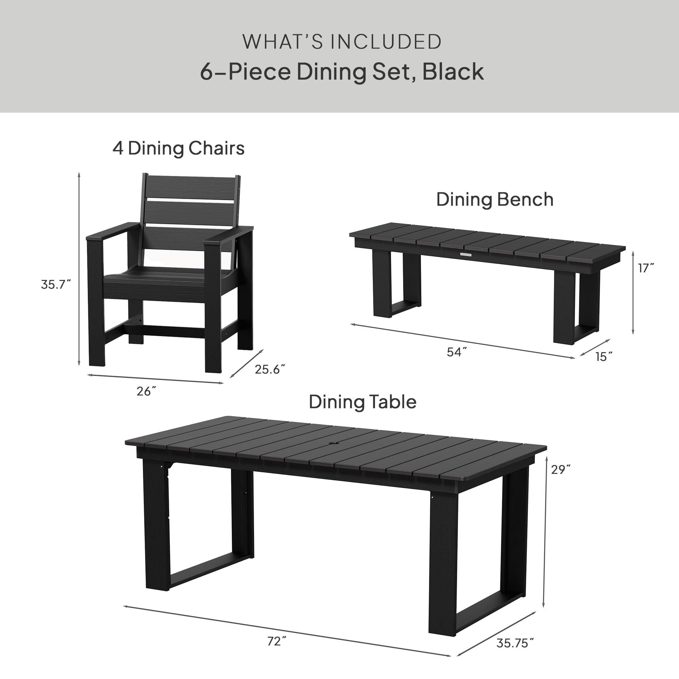 AVERO™ Ezra 6-Piece Outdoor HDPE Dining Set with Bench, Black - AVERO™
