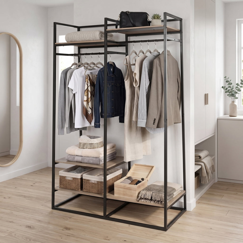 AVERO™ Jace Freestanding Metal 2-Rod Garment Clothes Rack with 4 Wooden Shelves, Black - AVERO™