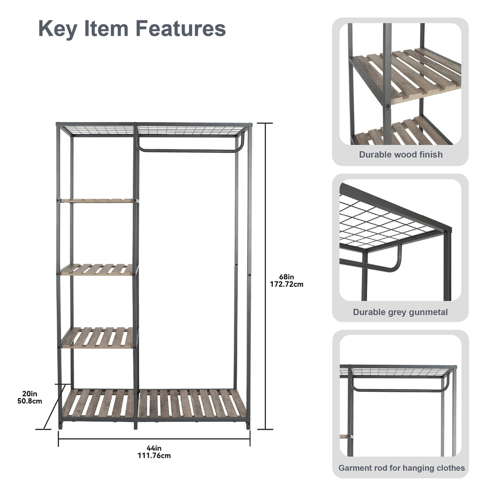 AVERO™ Farmhouse Style Gray Wood and Metal Clothes Rack with Garment Rod - AVERO™