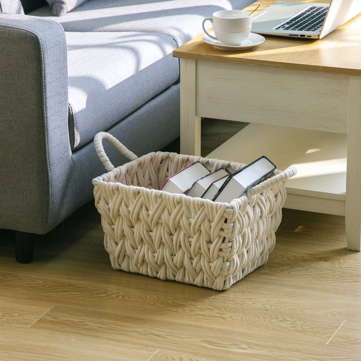 AVERO™ (2 pack) Medium White Woven Rope Decorative Storage Basket with Handles, 14.3 in x 11 in x 9 in - AVERO™