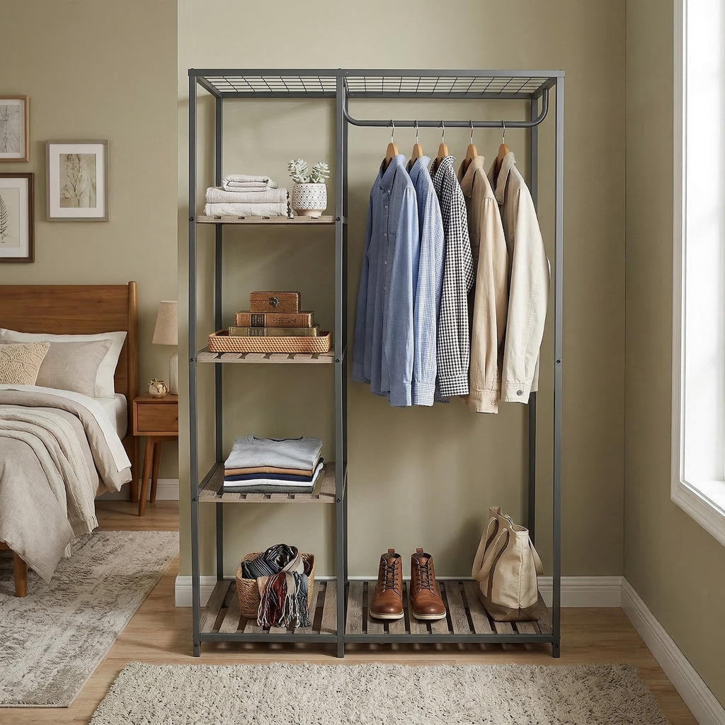 AVERO™ Farmhouse Style Gray Wood and Metal Clothes Rack with Garment Rod - AVERO™
