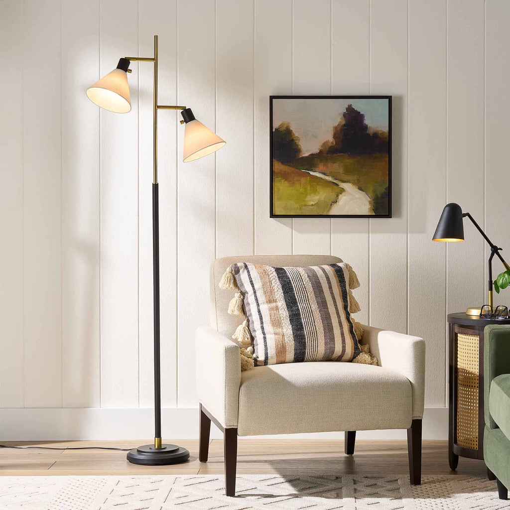 AVERO™ 68"H Metal Floor Lamp with Adjustable Dual Shades, Black and Gold Finish, White Linen Shades - AVERO™