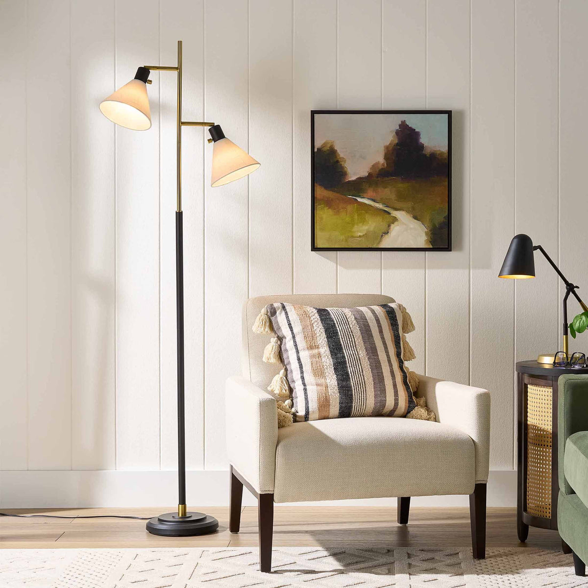 AVERO™ 68"H Metal Floor Lamp with Adjustable Dual Shades, Black and Gold Finish, White Linen Shades - AVERO™