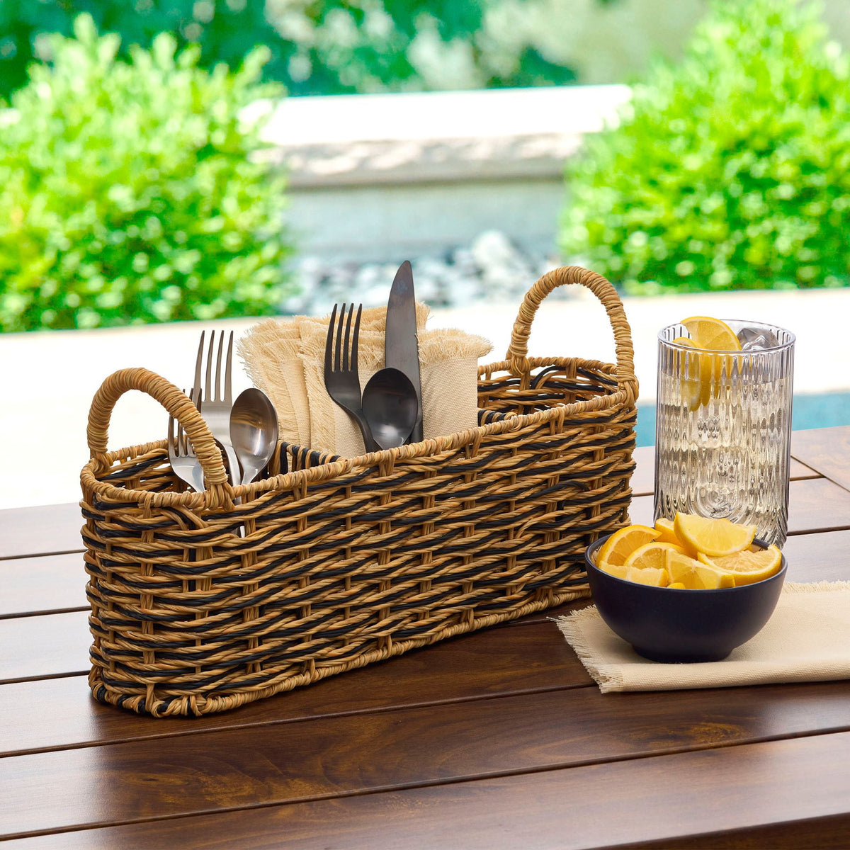 AVERO™ (2 Pack) Better Homes Gardens Beige Black Resin Rattan Oval Utensil Caddy with Metal Frame - AVERO™