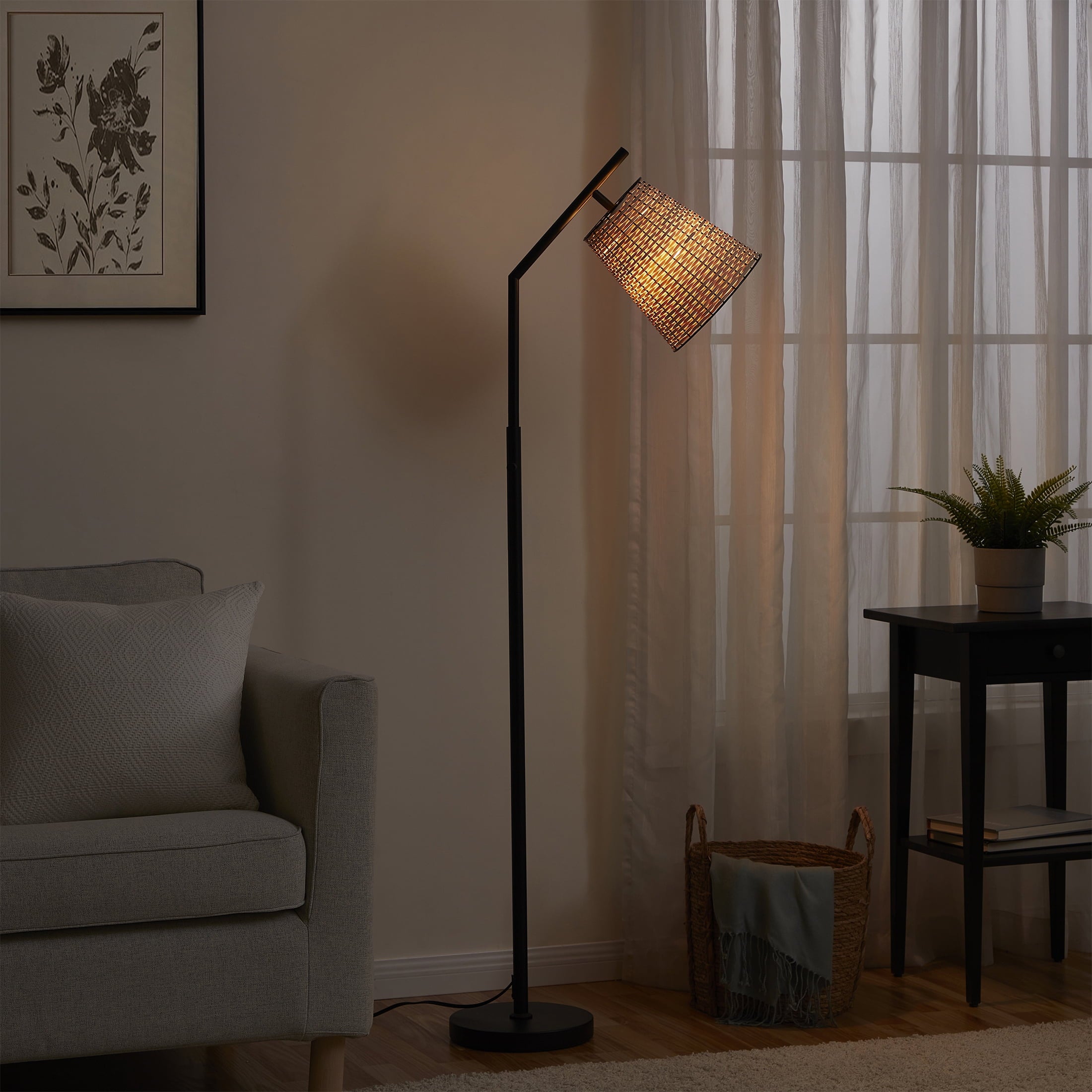 AVERO™ 60 in Boho Black Angled Floor Lamp with Rattan Shade - AVERO™