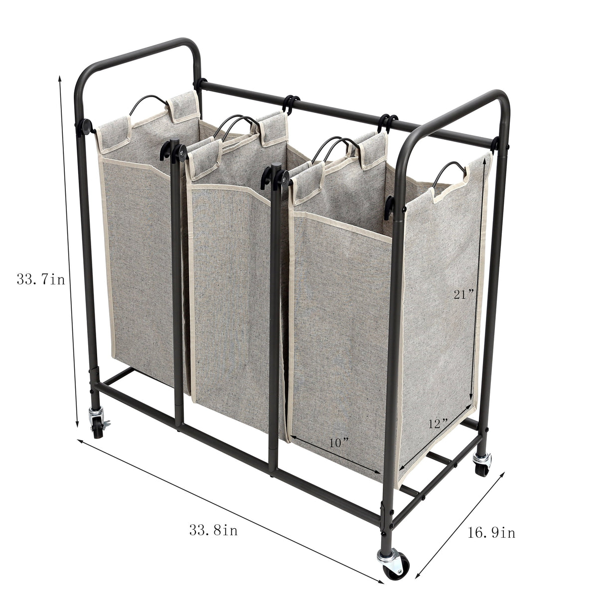 AVERO™ Laundry Sorter and Hamper, Metal Rolling Cart with 3 Removable Fabric Bins, Grey - AVERO™