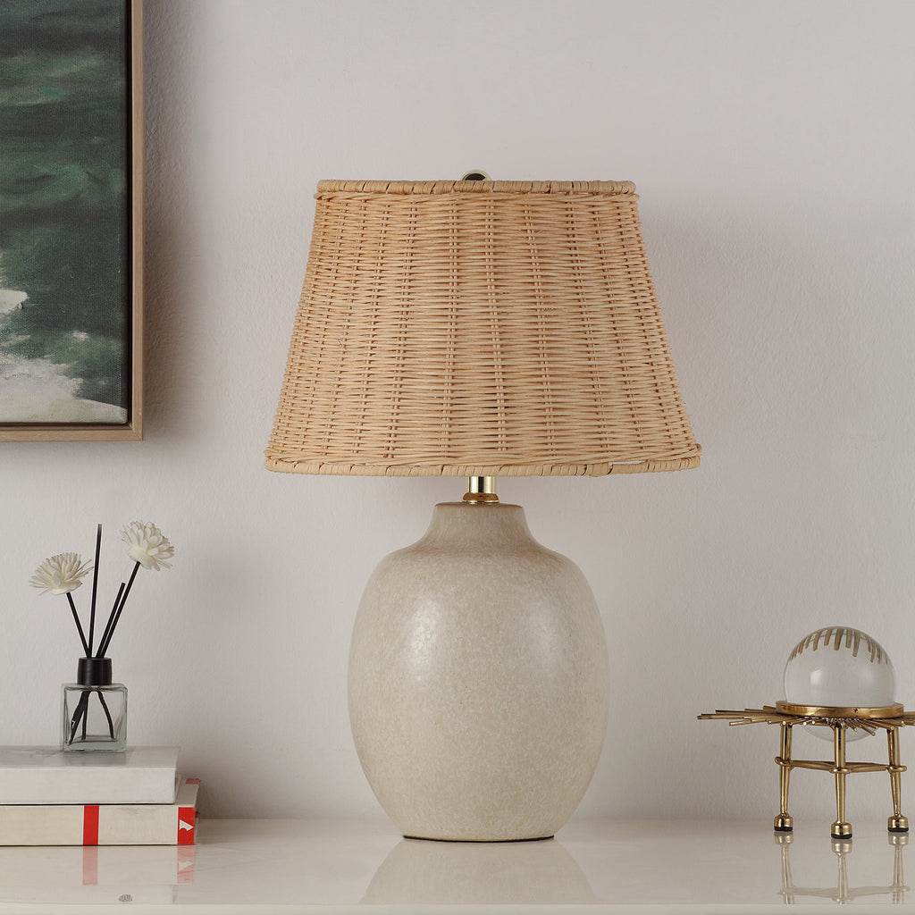 AVERO™ Cream Reactive Ceramic Table Lamp with Natural Rattan Shade, 18 in - AVERO™