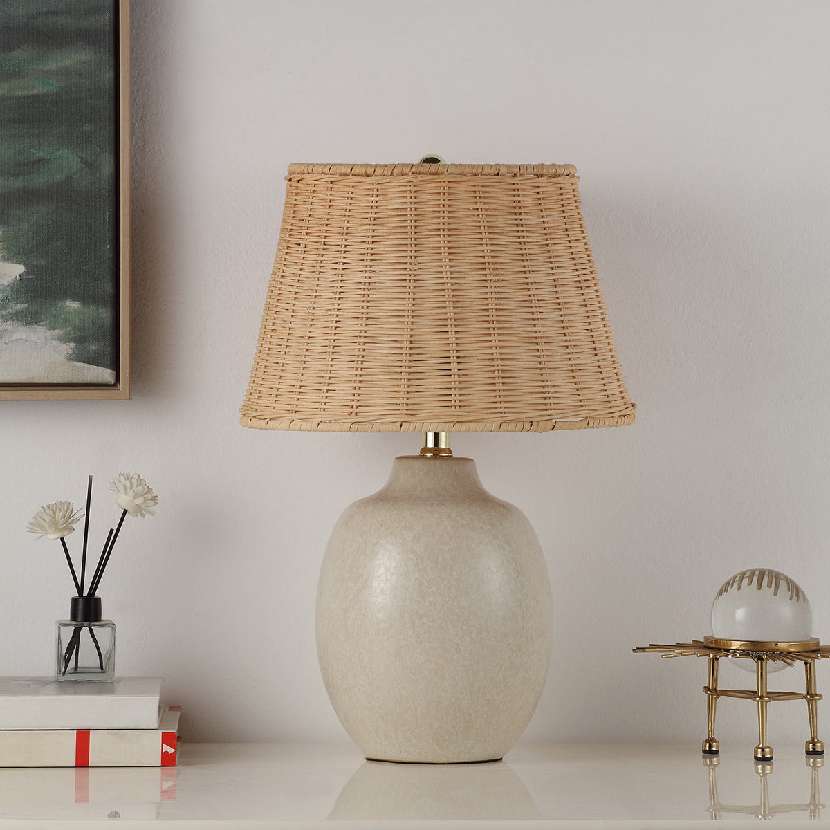 AVERO™ Cream Reactive Ceramic Table Lamp with Natural Rattan Shade, 18 in - AVERO™