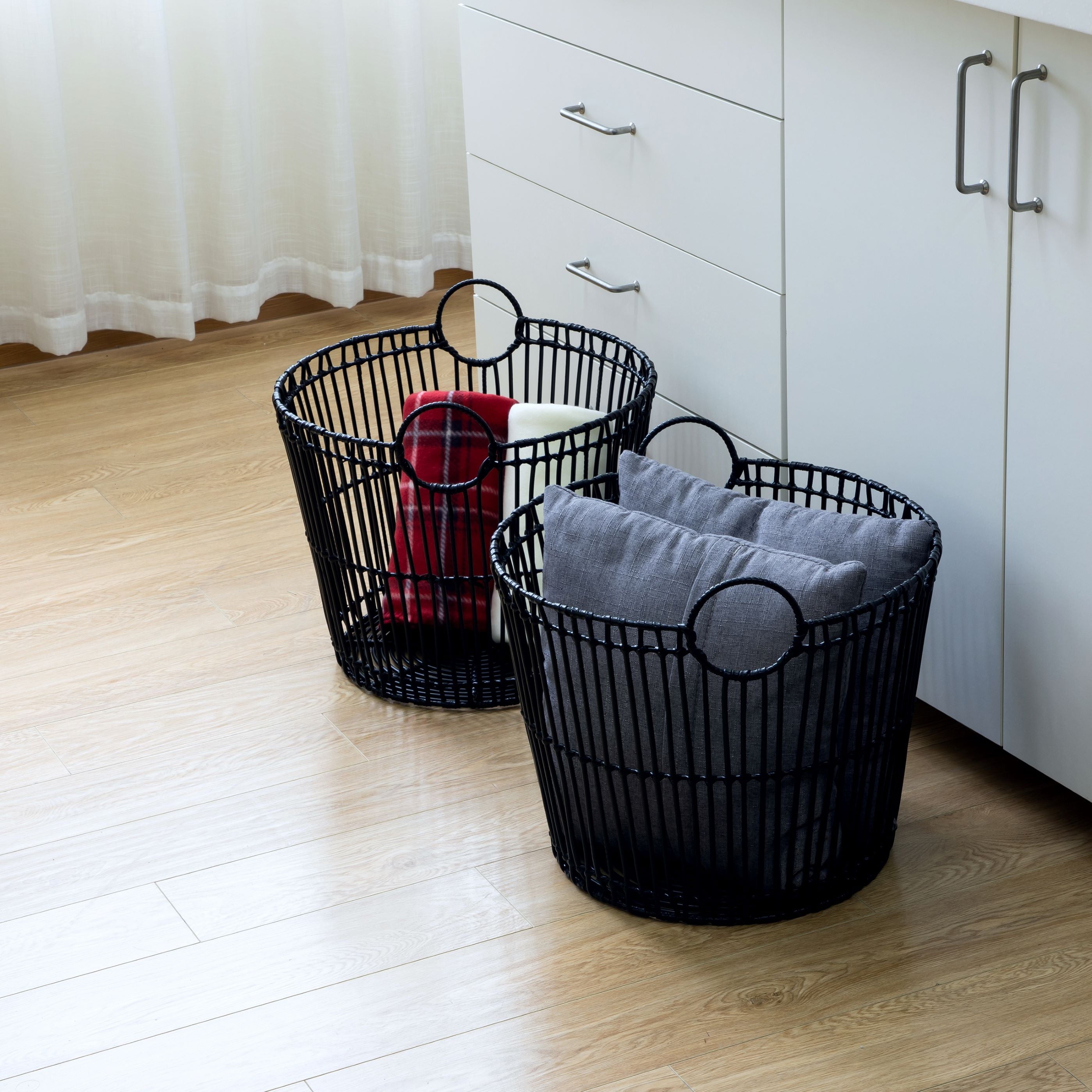 AVERO™ Large Black Poly Rattan Storage Baskets with Handles, Set of 2 - AVERO™