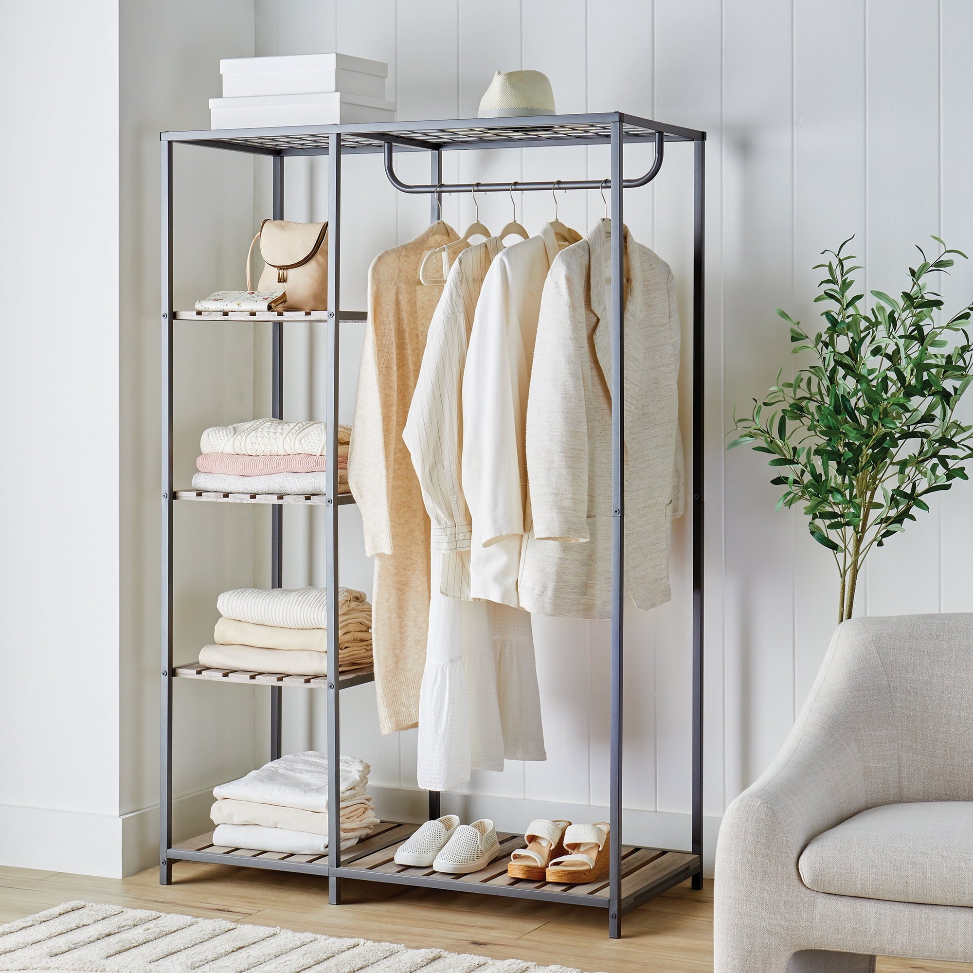 AVERO™ Farmhouse Style Gray Wood and Metal Clothes Rack with Garment Rod - AVERO™