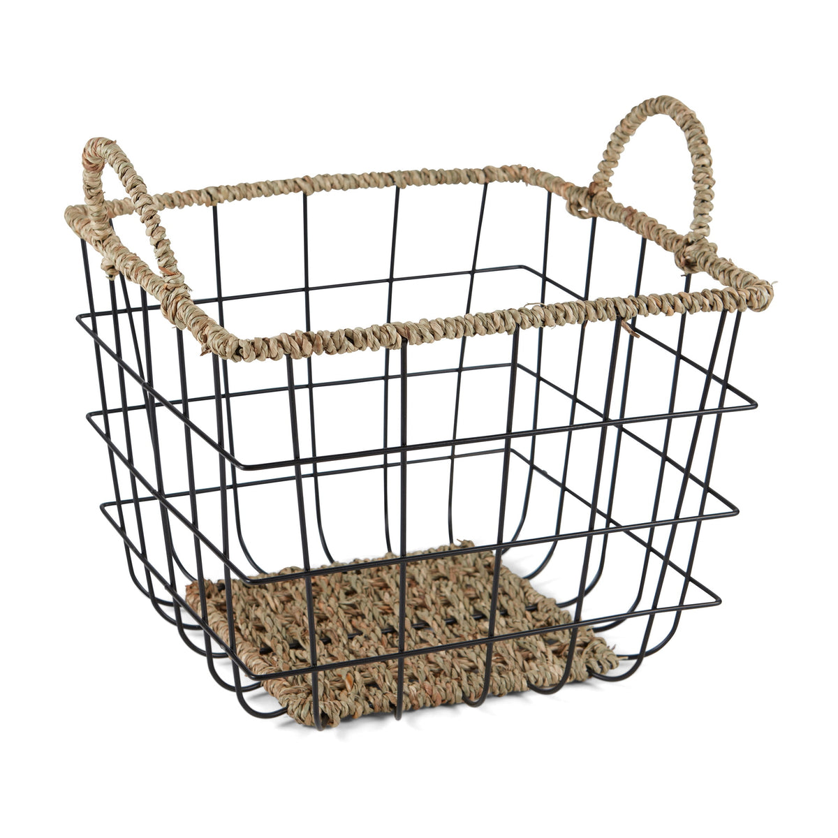 AVERO™ 2-Pack Square Wire Storage Baskets with Woven Trim, Black Metal, 10"L x 10"W x 10"H Decorative Bin for Pantry, Closet, Bathroom, or Office Organization - AVERO™